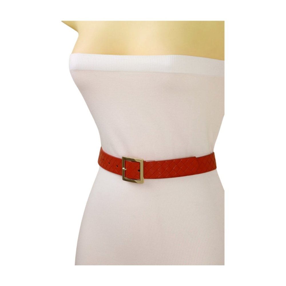 Women Orange Color Basket Weave Skinny Belt Gold Metal Square Buckle Size S M - Picture 11 of 17